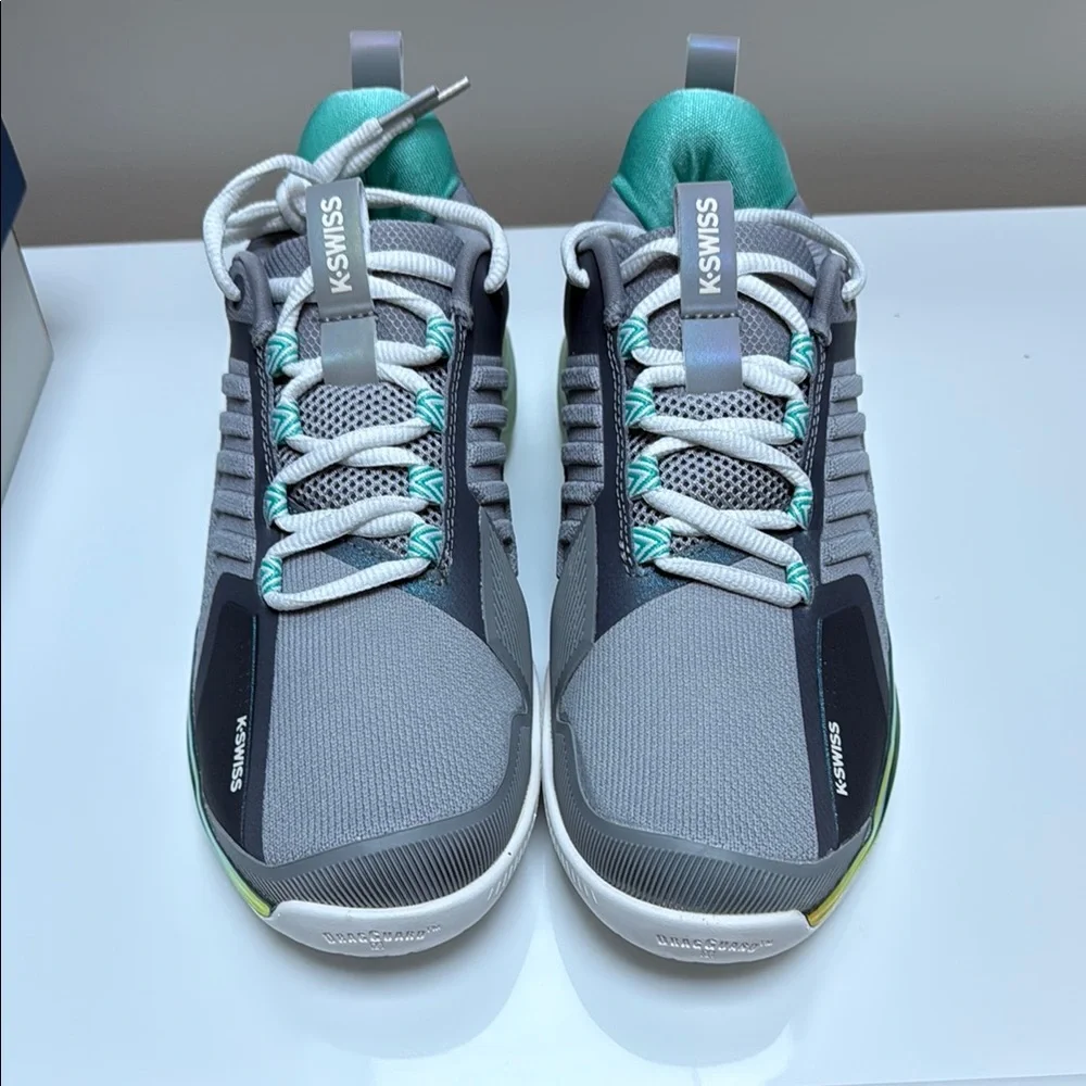 K-Swiss Gray Sneakers with Teal Accents and Iridescent Midsole